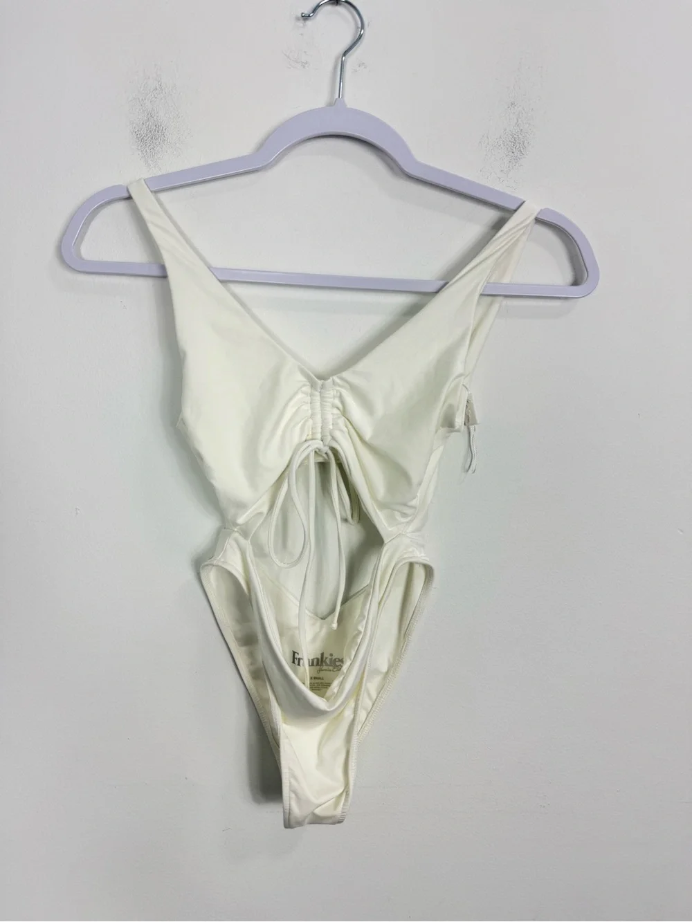 Frankies Bikinis White Cutout One Piece Swimsuit Ruched Tie Front Size XS